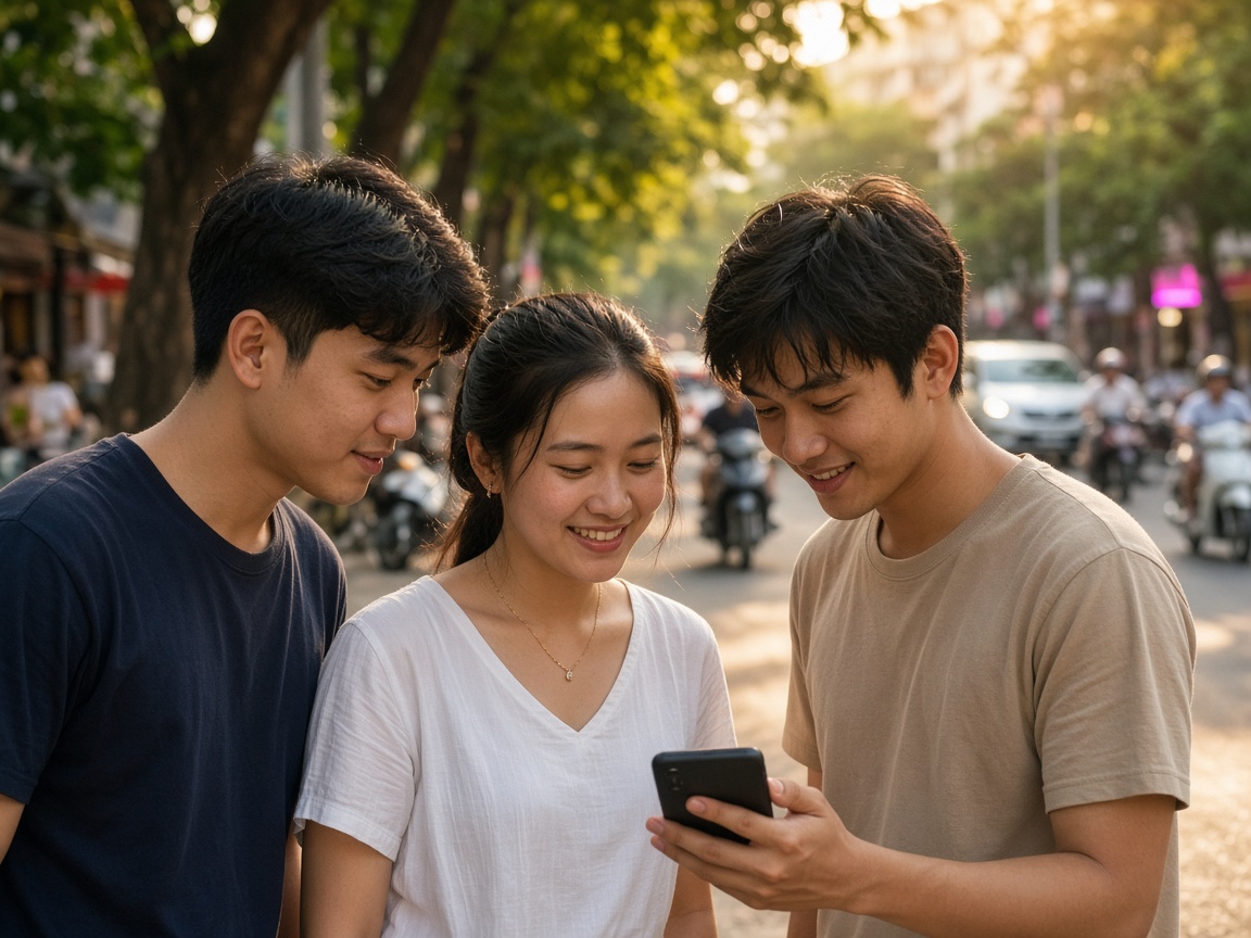 Ba người bạn cùng nhìn một điện thoại trên phố sáng.