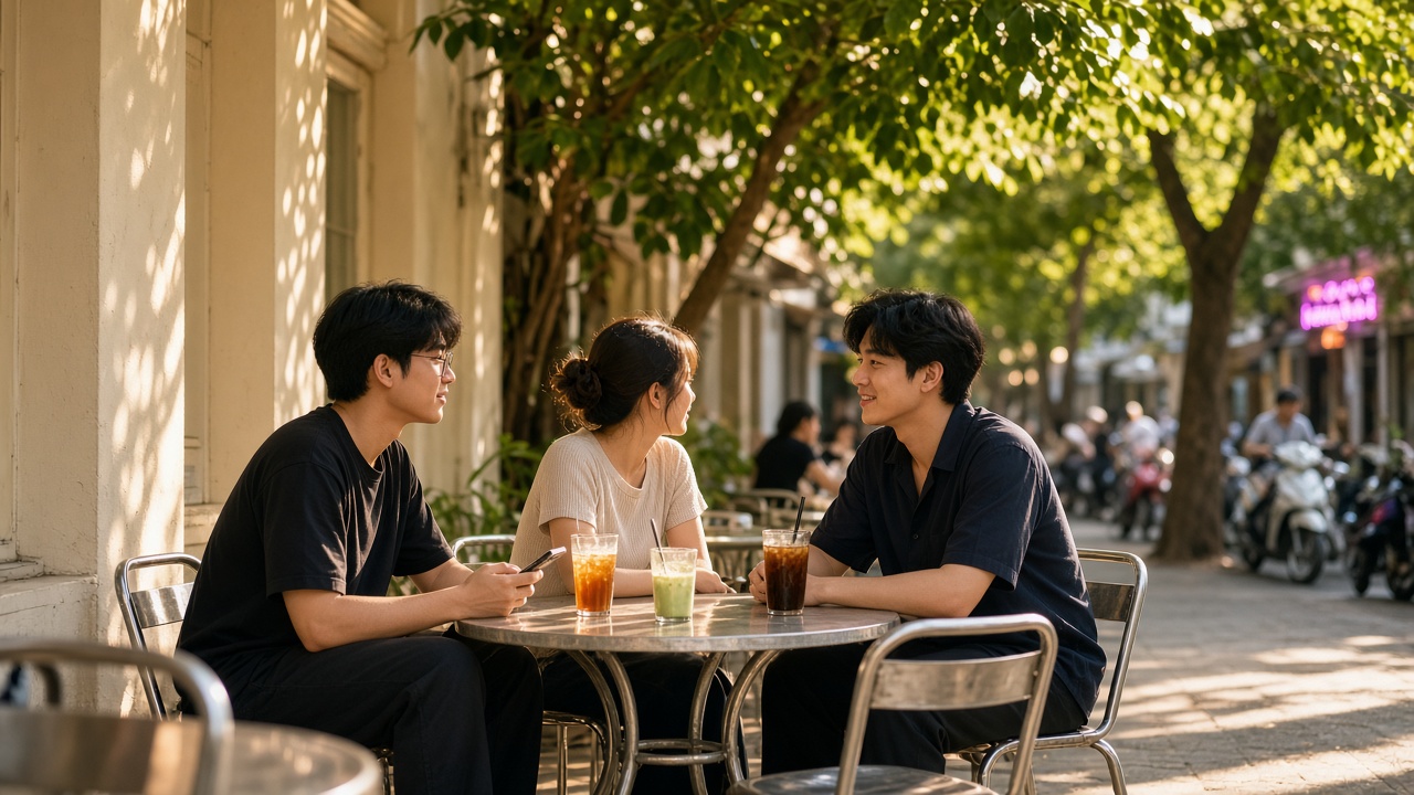 Ba người trẻ ngồi quán vỉa hè buổi chiều, nắng xuyên tán cây.