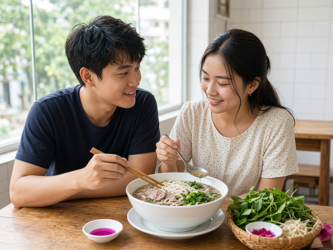 Hai người chia một tô bún trong quán sáng cửa sổ.